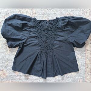 Free People Bardot Top Black Lace Puff Sleeve